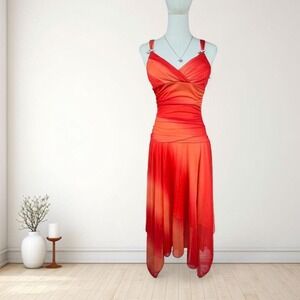 Y2K sunset ombré mesh dress fairy core bodycon midi red orange sheer ruched